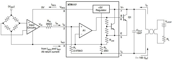 A 4 to 20 mA circuit using the TI XTR117 Texas Instrument XTR117